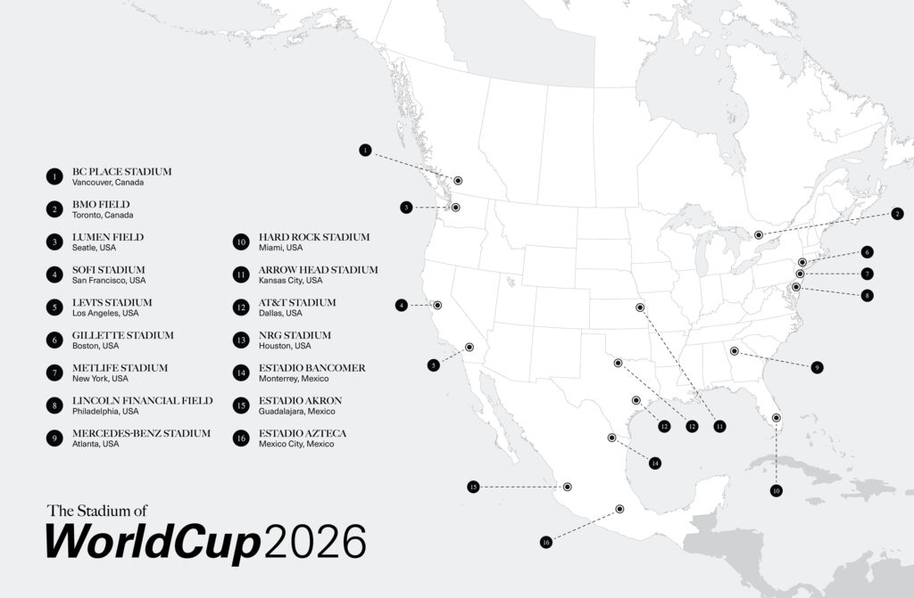 Map of all host stadiums and cities for the FIFA World Cup 2026 in the United States, Canada, and Mexico.